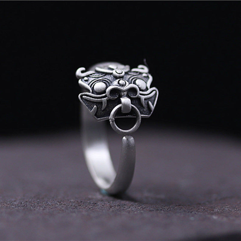 Adjustable Copper Ring Thai Silver Animal Head Applique Pepper God Beast Design Statement Jewelry For Women Everyday