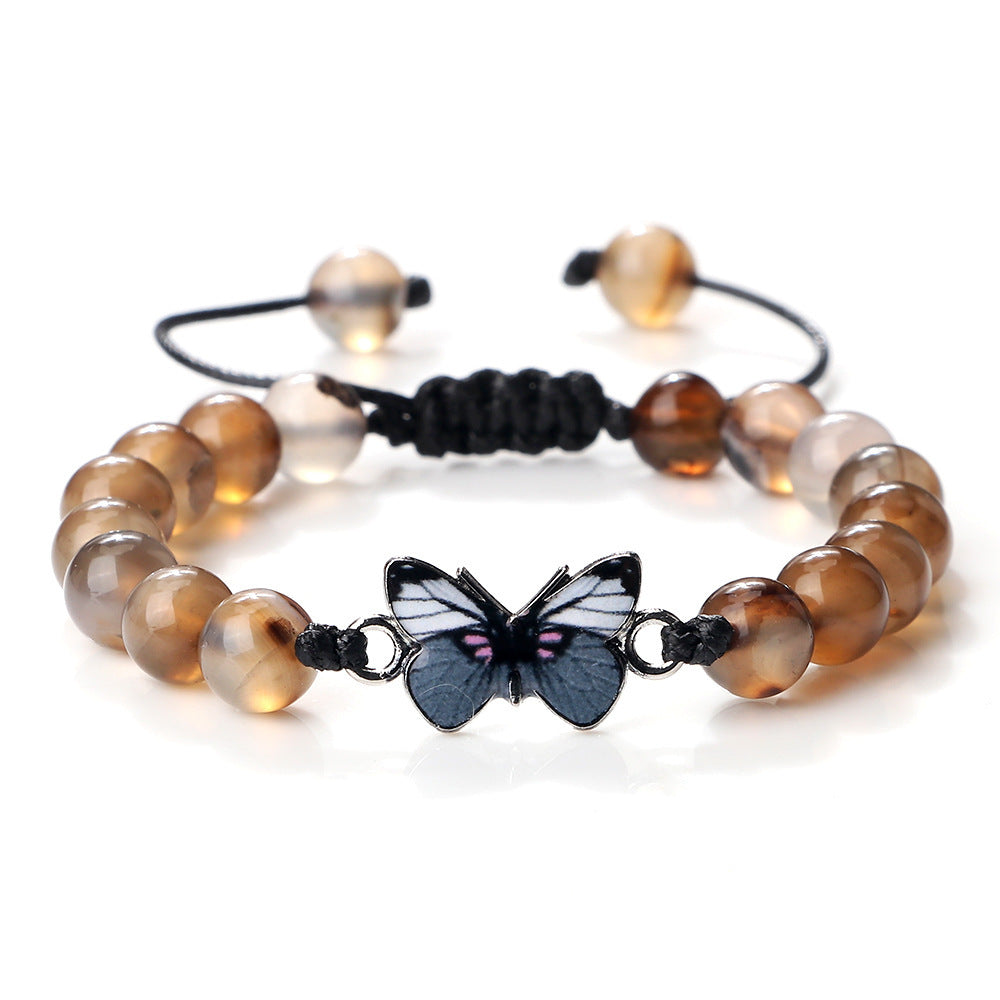 Woven Butterfly Bracelet Adjustable Handmade Tiger Eye Volcanic Rock Agate White Porcelain Bead Jewelry Gift For Women