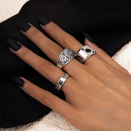 Ancient Silver Alloy Ring Set For Women With Poker Heart And Spade Geometric Retro Jewelry And Vintage Style Finish