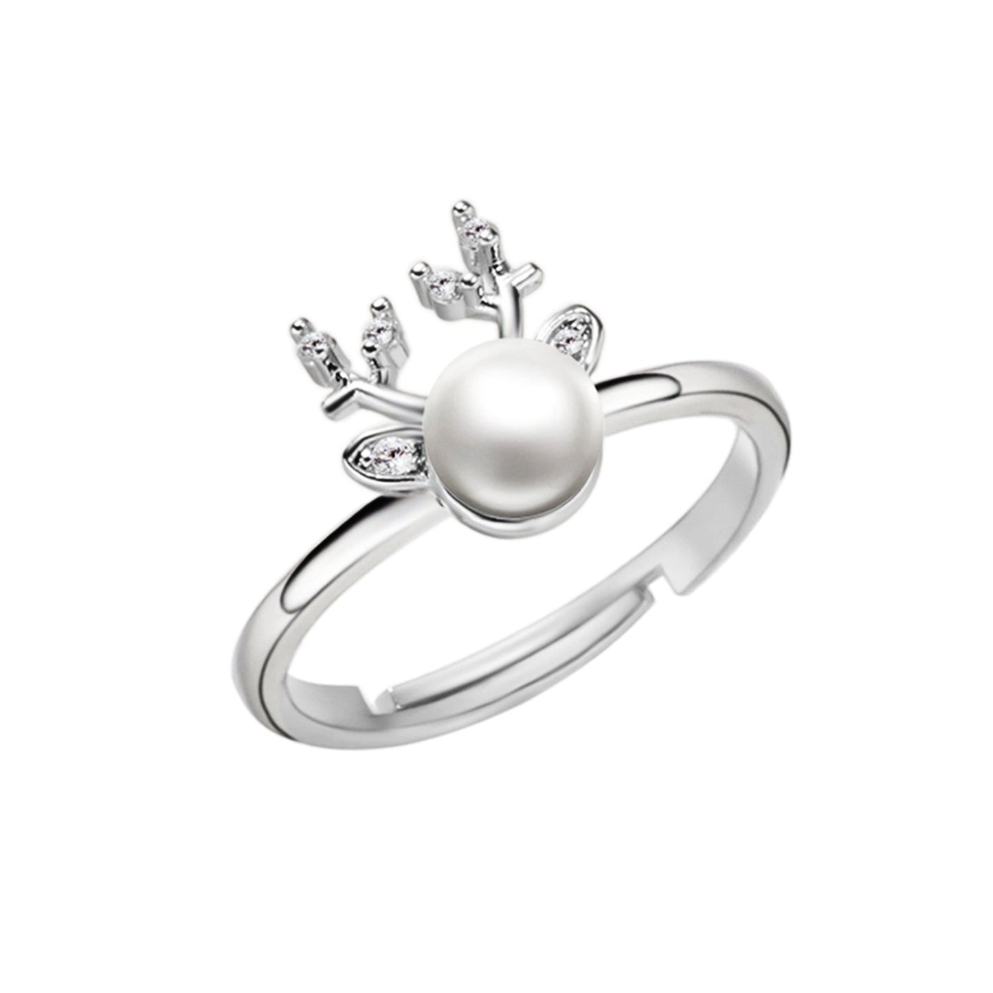 Adjustable Deer Horn Ring With Imitation Pearl Accents Copper Metal Open Ring For Women European Design Jewelry