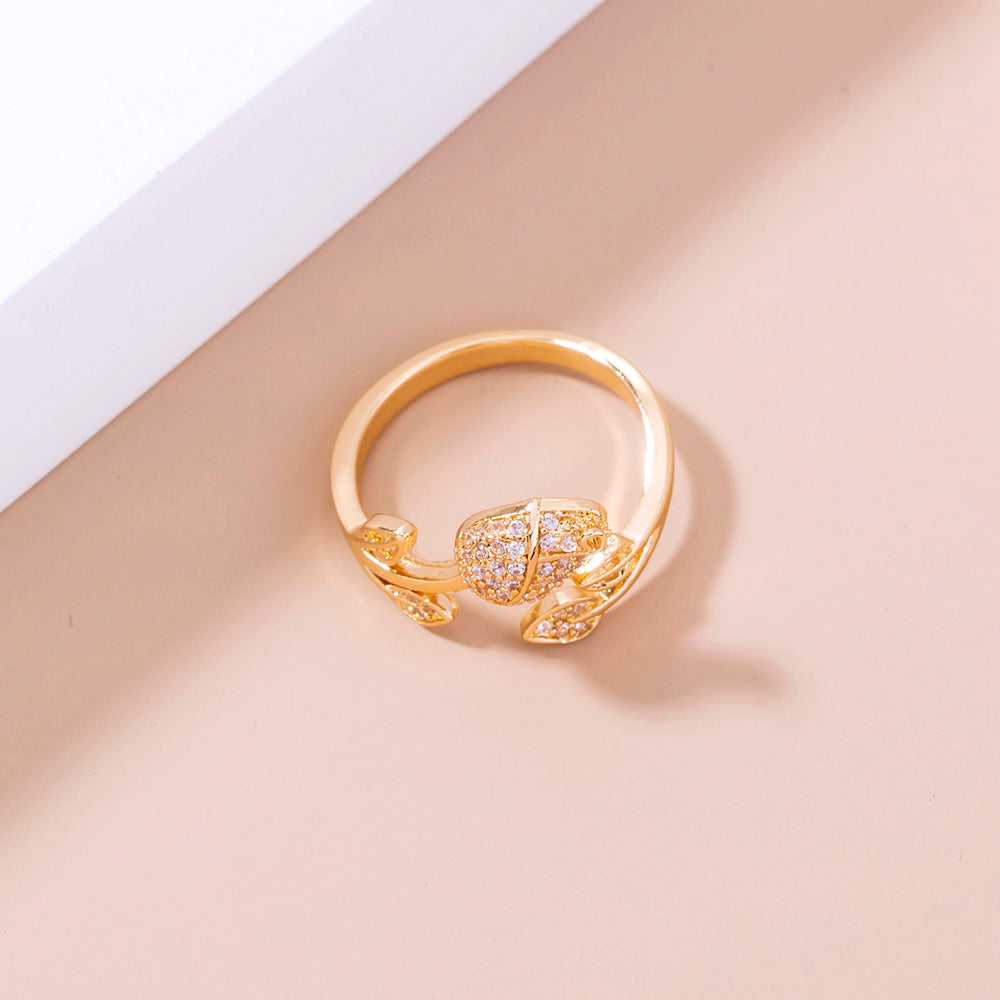Womens Romantic Rose Ring With Zircon MicroInlaid Flower Design Adjustable Copper Electroplated Ring European