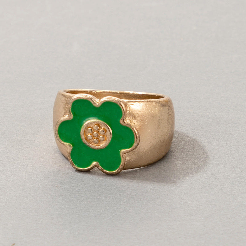 Bohemian Cartoon Ring Dripping Oil Alloy Heart Shaped Ring With Floral Daisy Or And Rainbow Elements For Women