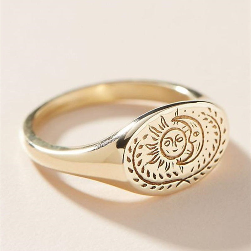 Womens Sun And Moon Ring Retro Gold Electroplated Alloy Simple Band Jewelry Gift For Women Fashion Accessory For Gifts