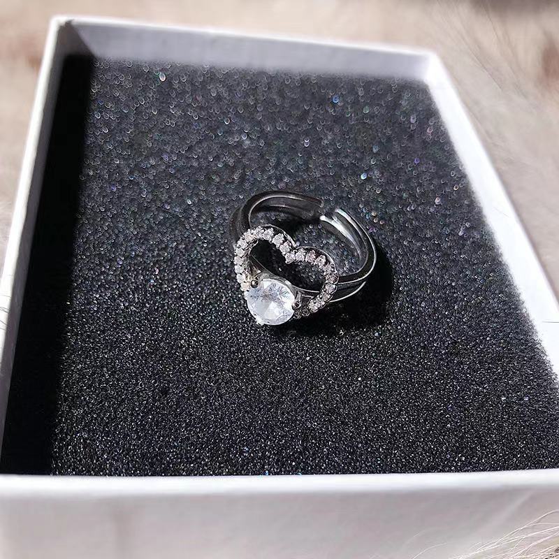 Womens Two In One Love Ring Set Adjustable Alloy Ring With Zircon Inlay Rhinestone Decor Gift For Her Everyday