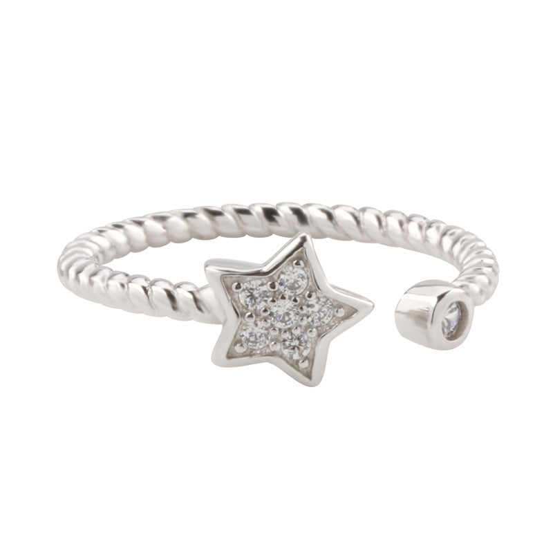 Womens Five Pointed Star Ring White Copper Plated Korean Design Fashion Jewelry Dainty Elegant Versatile Rings
