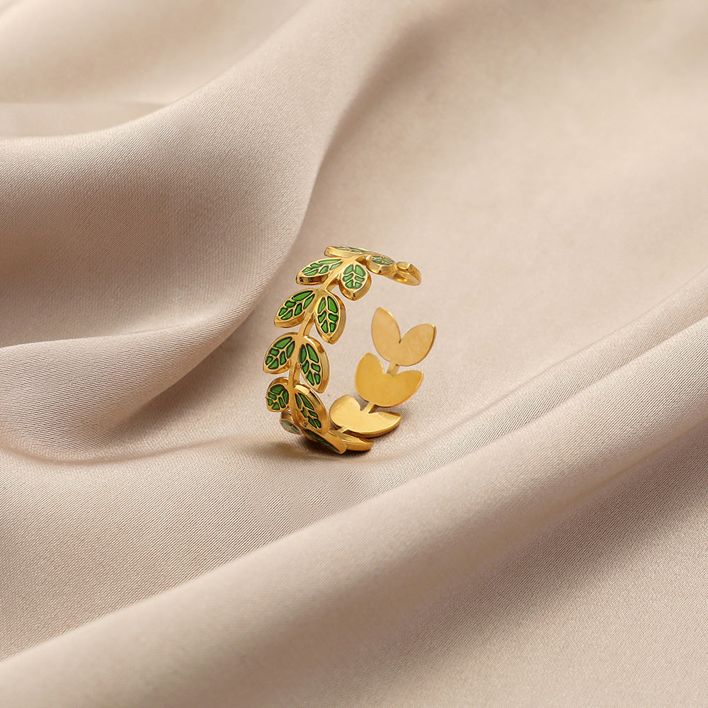 Womens Stainless Steel Wheat Ring Adjustable Open Design With Electroplated Emerald Green Finish Jewelry Gleams