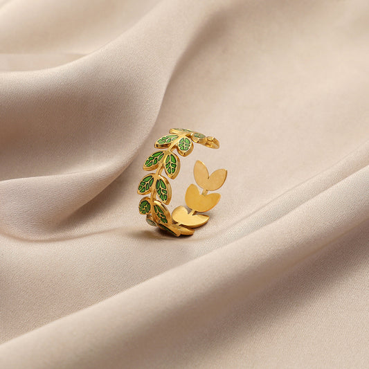 Womens Stainless Steel Wheat Ring Adjustable Open Design With Electroplated Emerald Green Finish Jewelry Gleams