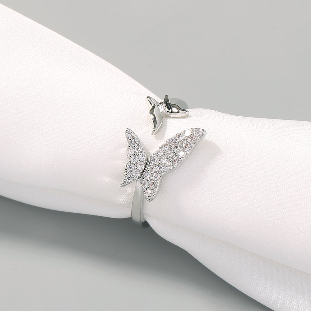 Adjustable Butterfly Ring for Women Open Ended Brass Ring with Electroplated Copper and Sparkling Zircon Shine