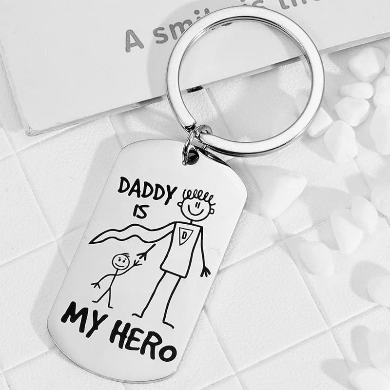 Daddy Is My Hero Keychain Stainless Steel Key Holder Cartoon Design Family Gift For Friends For Family Friends