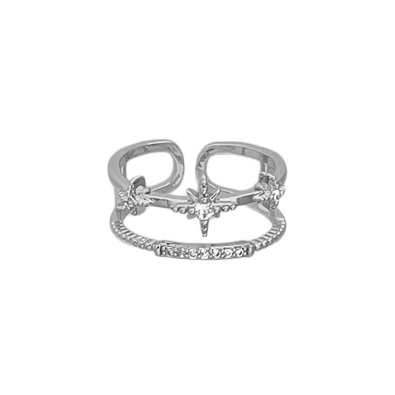 Adjustable Double Link Star Zircon Copper Ring In White Gold Meteor Design For Fashionable Women For Modern Style