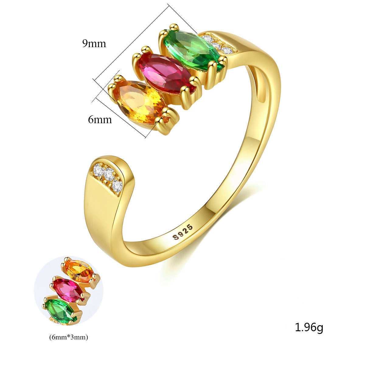 Womens Silver Rings Adjustable Geometric Design With Red Yellow Green Zircon Stones Electroplated Jewelry Gift
