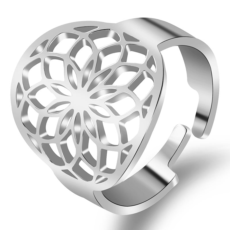 Womens Stainless Steel Flower Ring Adjustable Open Ring Polished Gold Black Jewelry Elegant Jewelry For Womens