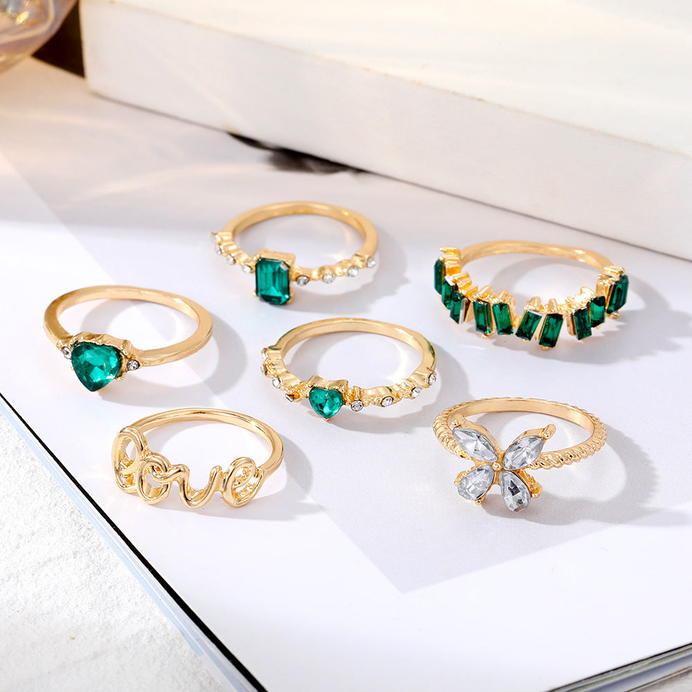 Butterfly Ring Set Inlaid Emerald Green Gems Retro Diamond Design Alloy Rings 6 Piece Fashion Jewelry Ring Set