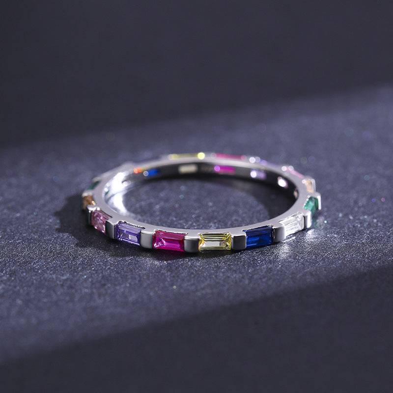 Womens Sterling Silver Ring With Geometric Zircon Rainbow Inlaid Stackable Quadrilateral Ring For Her Everyday