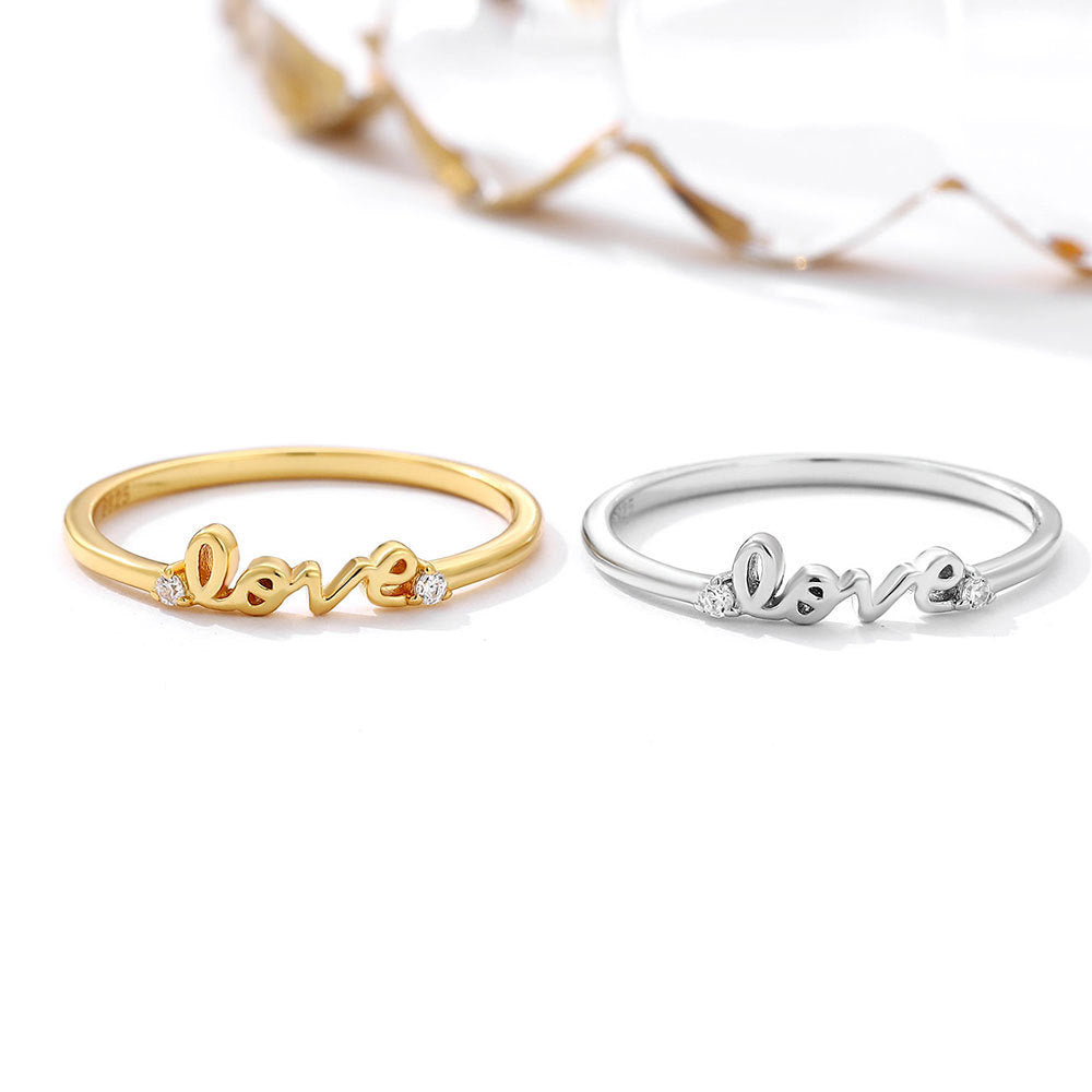 Womens Sterling Silver Ring with Love Letter Design Diamond Wedding Band Anniversary Promise Ring for Her S925 Silver Classic Ring Jewelry Gift