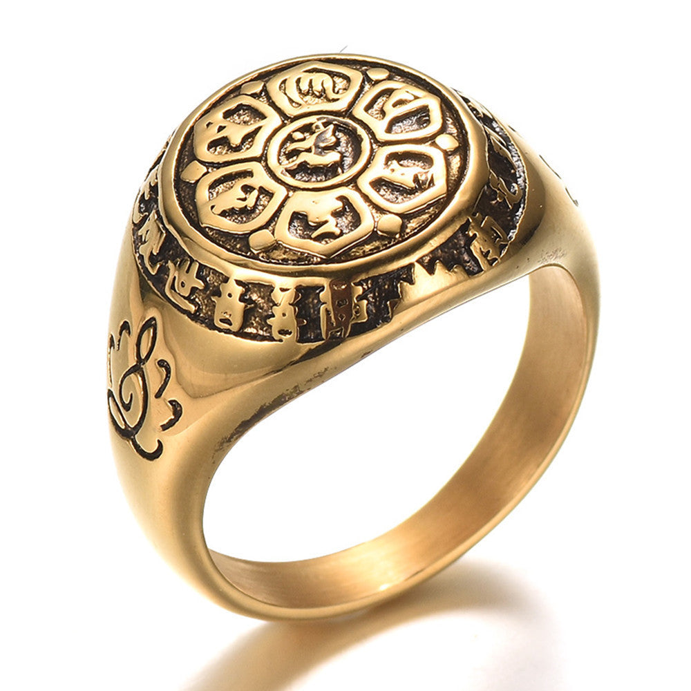 Alloy Ring Lotus Mantra Guanyin Peace Amulet Gold Plated Inlaid Jewelry Unisex Gift For Travel Memorial Unique