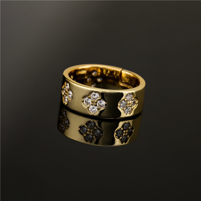 Brass Ring Micro Gold Plated Floral Geometric Design Zircon Embellished Fashion Jewelry For Women Elegant Accessory