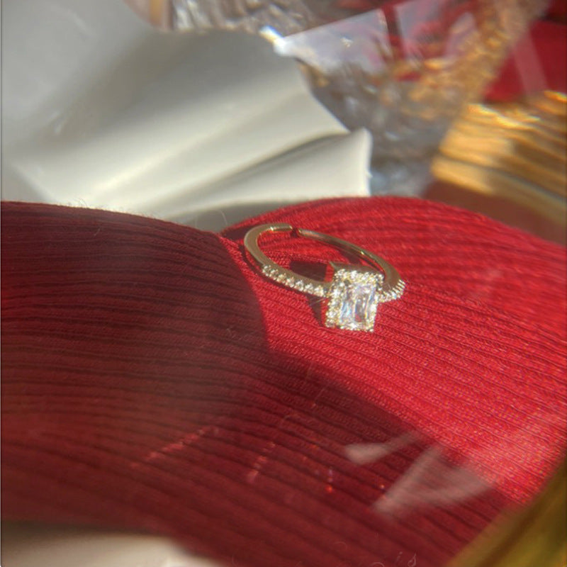Womens Zircon Ring Adjustable Square Diamond Jewelry Korean Style Geometric Design Exquisite Fashion Gold Tone