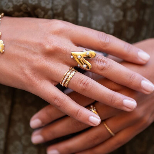 18K Gold Stainless Steel Ring Internet Celebrity Same Love Sticky Plastic Pearl
