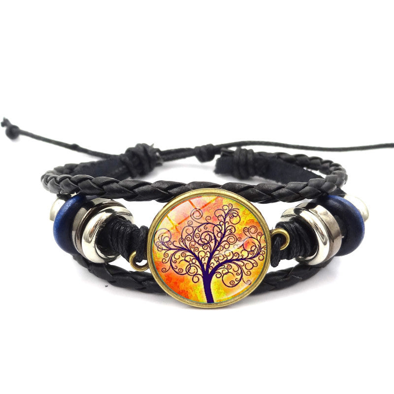 Tree of Life Handmade Multilayer Braided Leather Bracelet with Glass Charm Black Alloy Adjustable High Quality