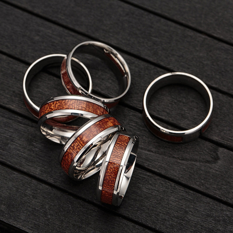 Acacia Wood Half Circle Ring With Stainless Steel Inlay Band Durable Fashion Jewelry For Men And Women Everyday Wear