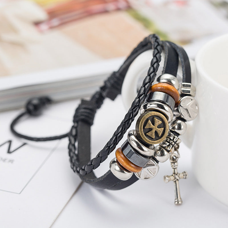 Unisex Leather Bracelet With Alloy Cross European Retro Design Woven Wristband Fashion Jewelry For Men And Women
