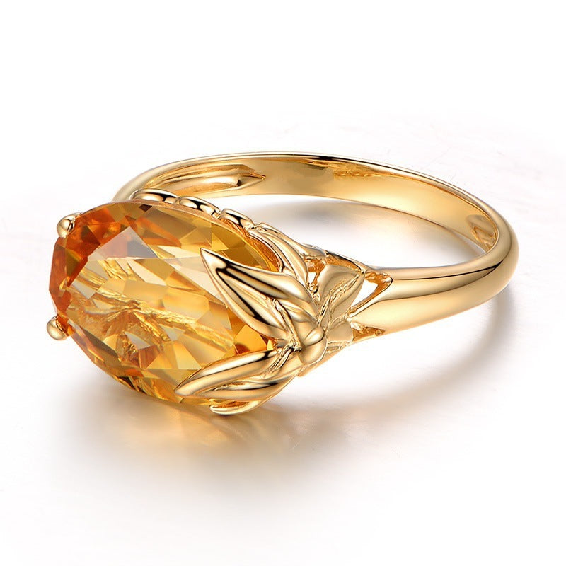 Citrine Gemstones Ring Copper Gold Plated Geometric Inlaid Bridal Jewelry for Wedding Anniversary Gift for Her