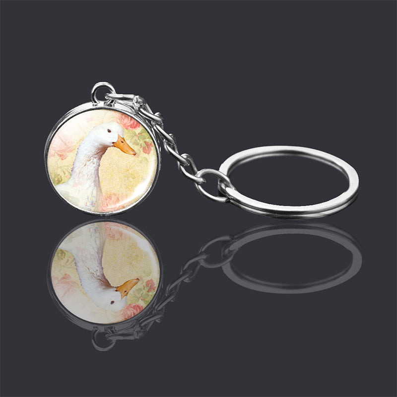 Animal Key Chain Double Sided Glass Ball Pendant Metal Key Ring Unisex Accessories Donkey Rabbit Giraffe Dolphin Fox