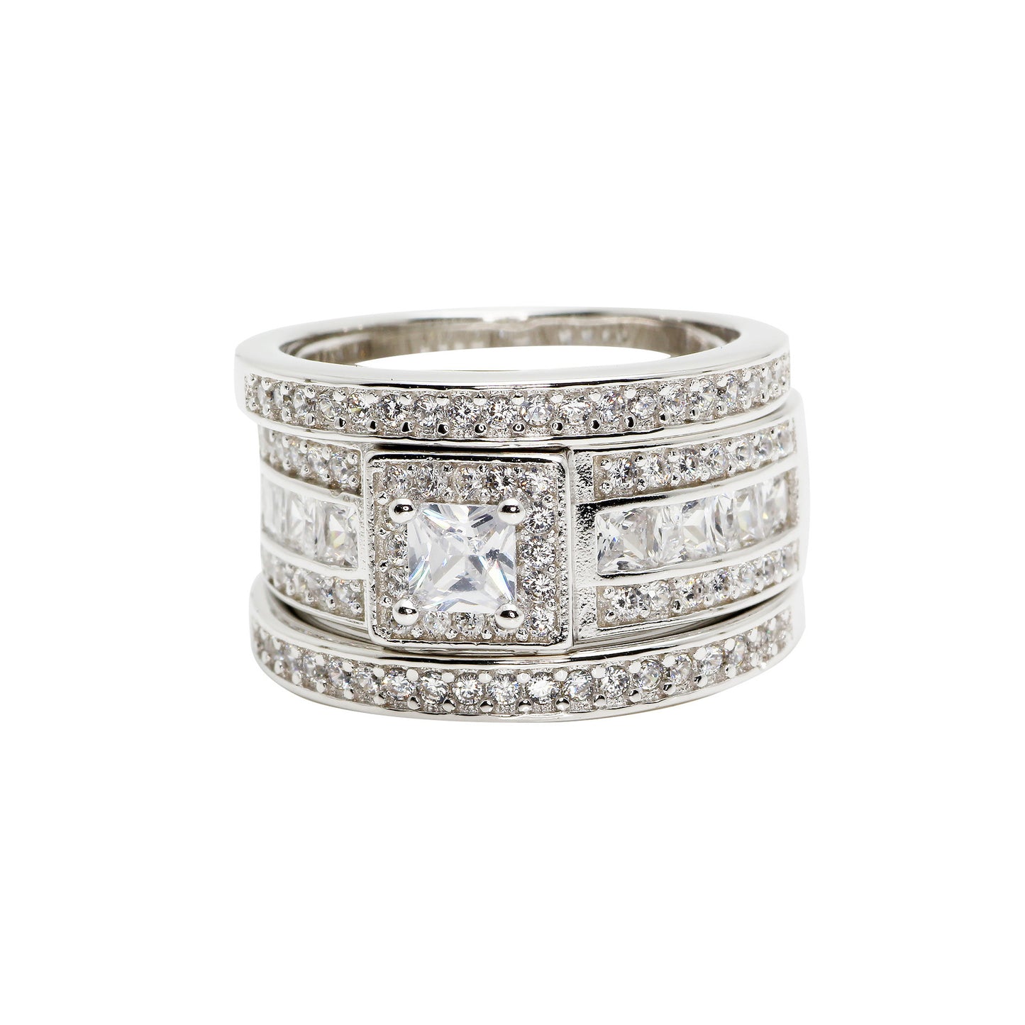 Womens Ring Set Platinum Plated Engagement Ring With Topaz Zircon Inlay Vintage Geometry Three Piece Set Shine