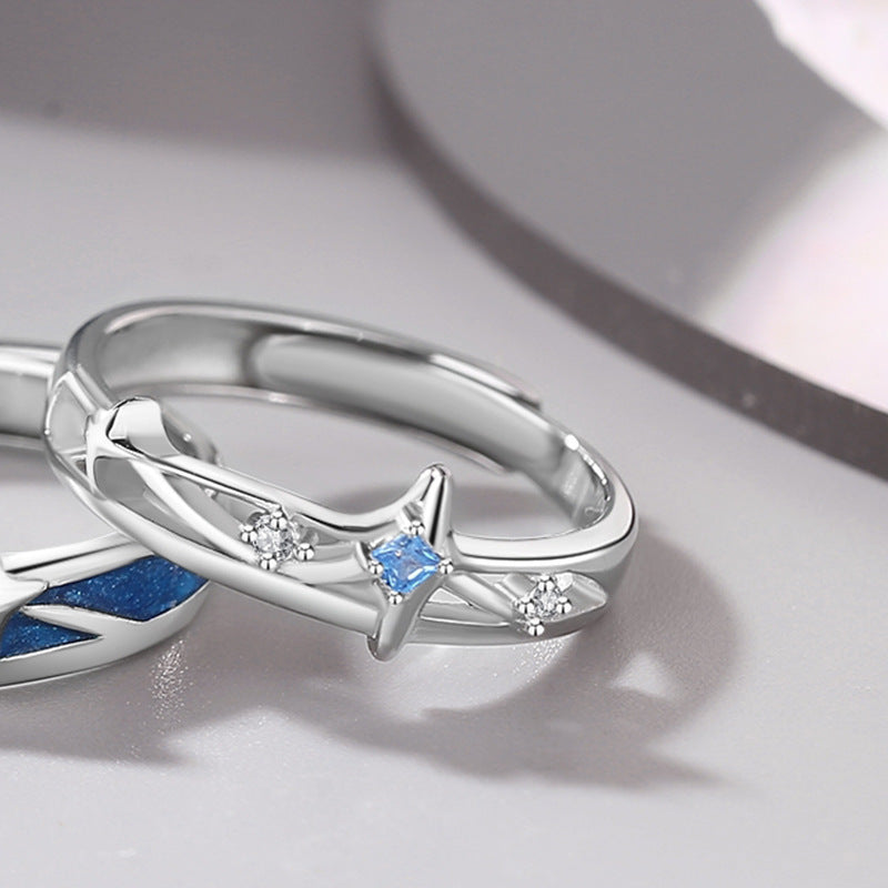 Adjustable Sterling Silver Couple Rings With Star Enamel Matching Design For Him And Her Adjustable Opening Now