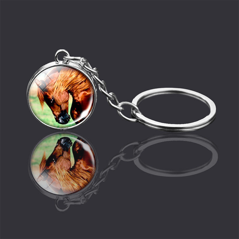 Animal Glass Ball Keychain Double Sided Key Ring With Metal Pendant For Unisex Donkey Rabbit Elephant Fox Bear