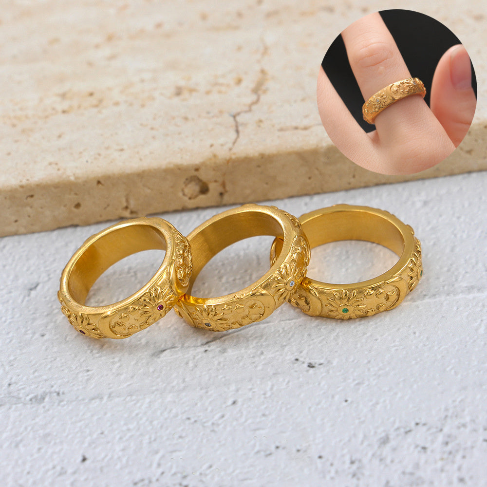 Womens Ring with Sun Moon and Stars Design Stainless Steel Ring with Zircon Stones Electroplated Geometric Ring for Women Niche Ring