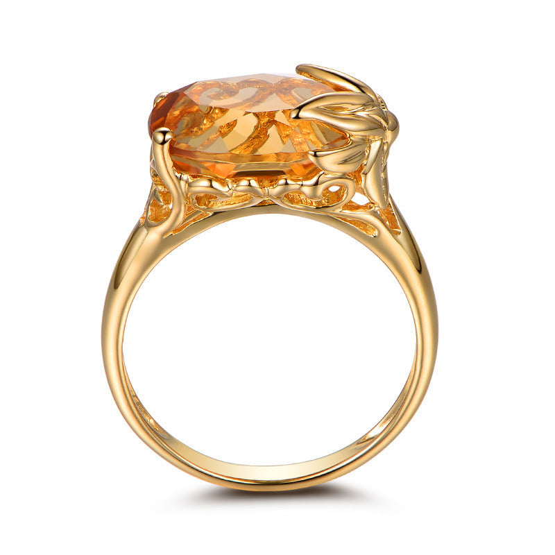 Citrine Gemstones Ring Copper Gold Plated Geometric Inlaid Bridal Jewelry for Wedding Anniversary Gift for Her