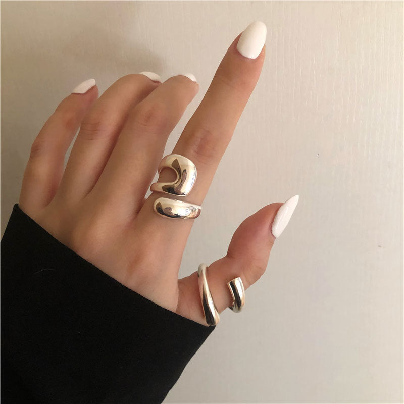 Womens Silver Plated Ring Korean Geometric Adjustable Open Ring Irregular Curve Hollow Design Everyday Jewelry