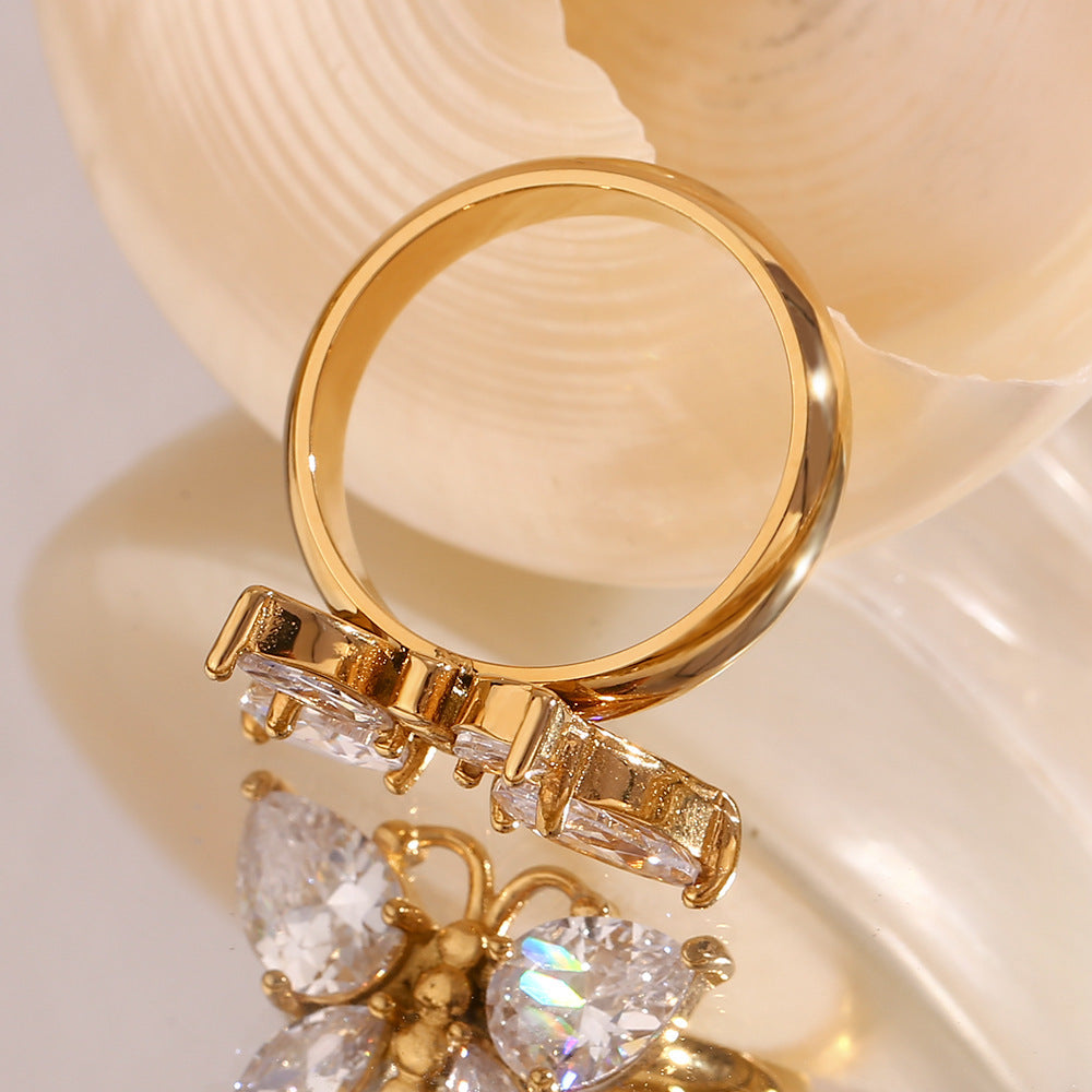 Butterfly Zircon Ring Stainless Steel 18K Gold Plated Jewelry Gift Ring For Women Elegant Daily Wear Keepsakes