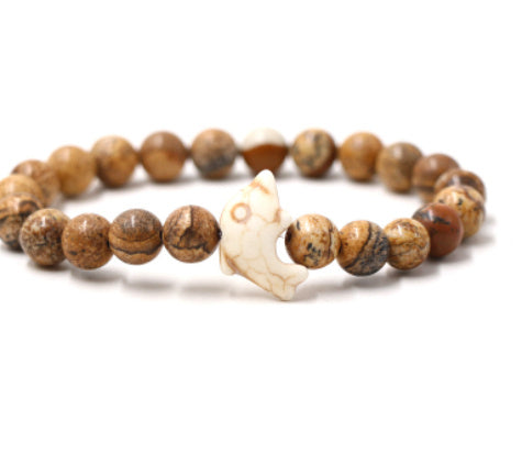 Beaded Bracelet Polished Glass Fashion Jewelry with 8mm Beads and 19cm Chain Black Weathered Agate and Amazon Stone