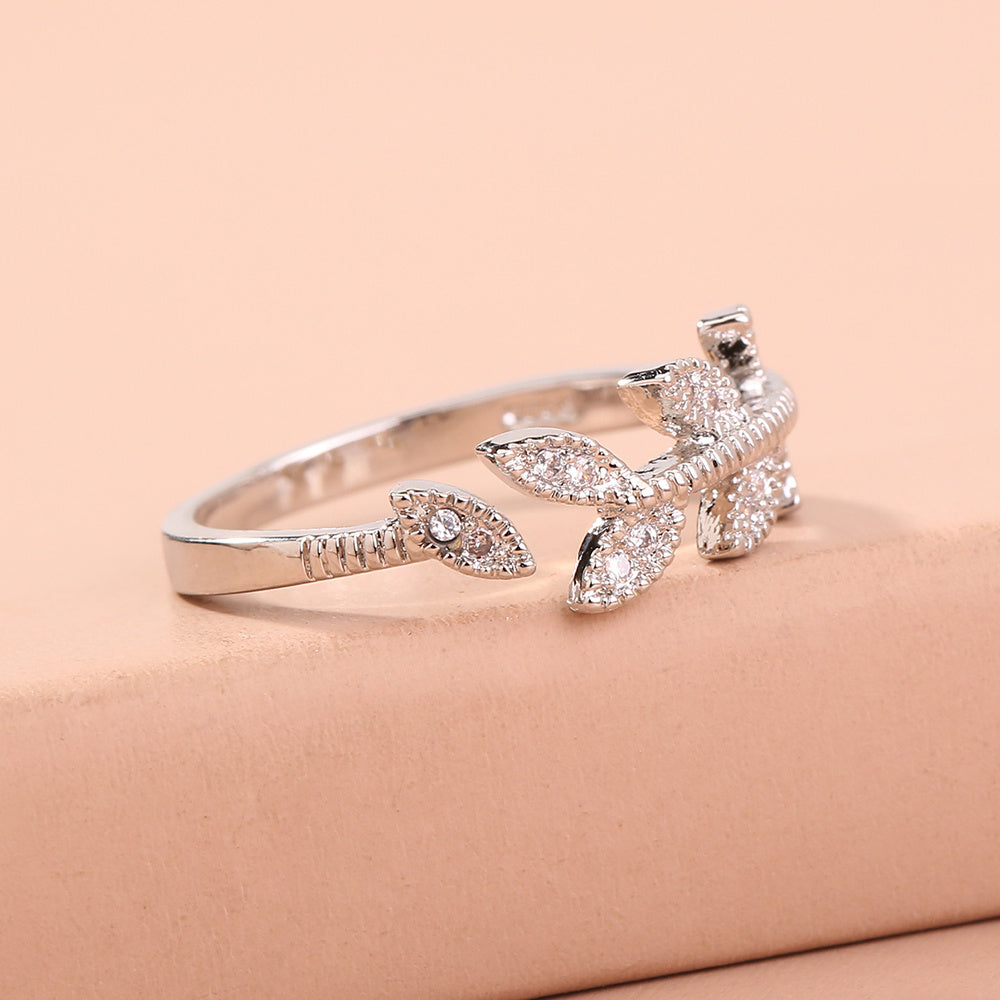 Adjustable Brass Ring With Tree Branch Design And Zircon Accents Copper Setting For Women Elegant Sparkle Style