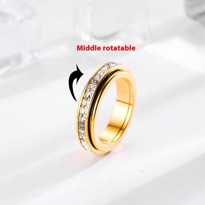 Square Diamond Rotating Starry Titanium Steel Ring For Women Chamfered Square Pattern Elegant Jewelry Size US 9