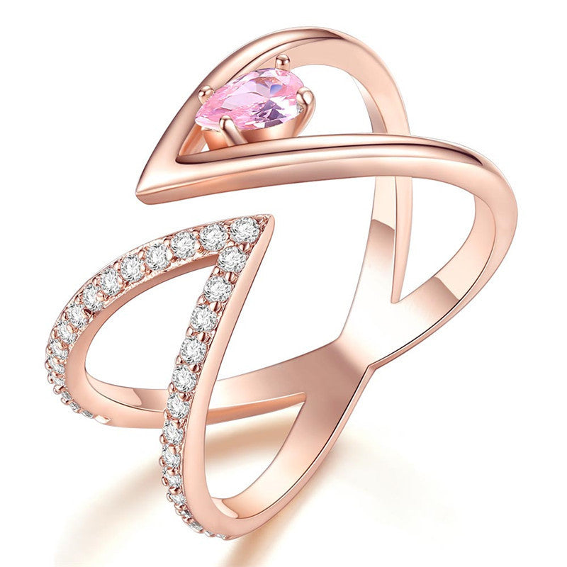 V Shaped Cross Drop Ring Copper Gold Plated Zircon Jewelry