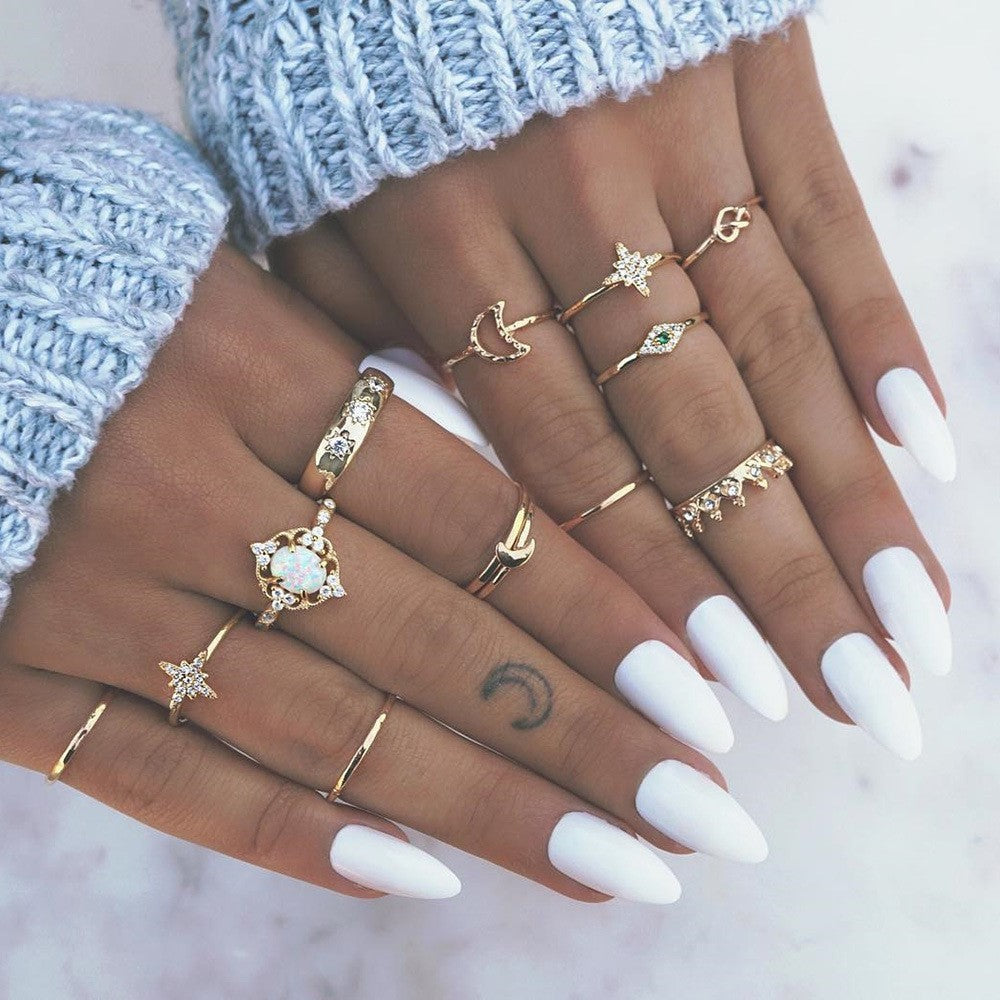 Womens Ring Set Vintage Crown Star Moon Design High Quality Alloy Jewelry Diamond Geometric European Americana