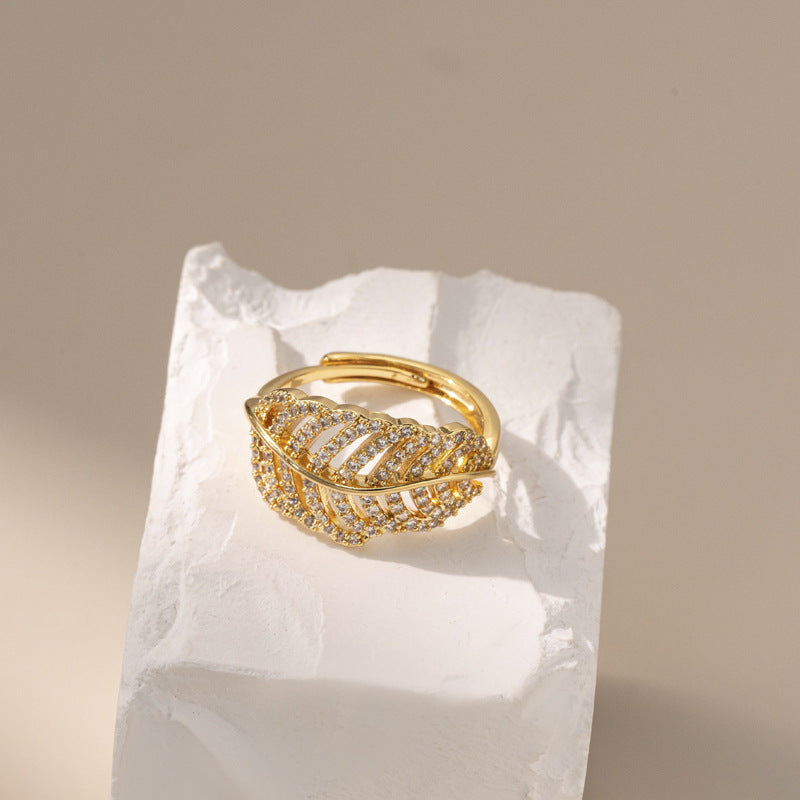 Hollow Leaves Zircon Ring for Women 18K Gold Plated