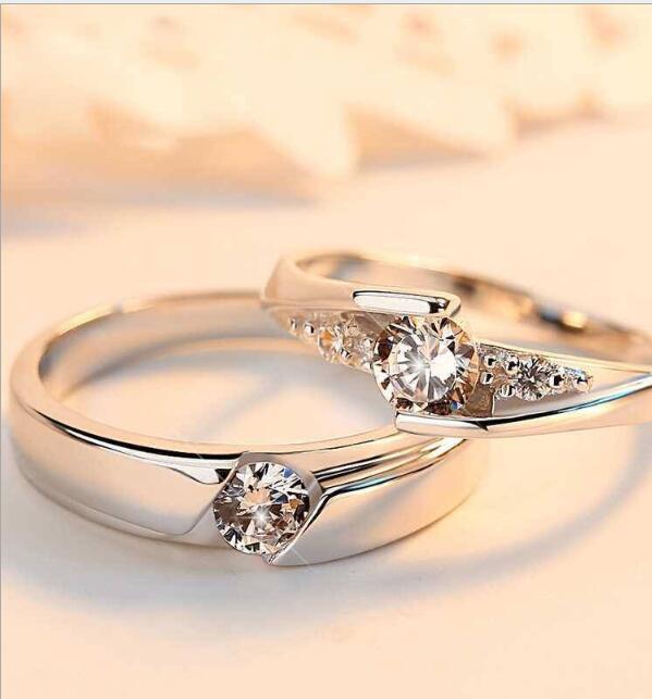 Adjustable Sterling Silver Couple Rings Matching Pair For Marriage Engagement Promise Simulated Diamonds Rings