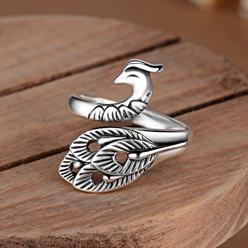 Adjustable Material Opening Silver Peacock Animal Zodiac Ring Fashion Jewelry Gift for Her Vintage Style Sizes