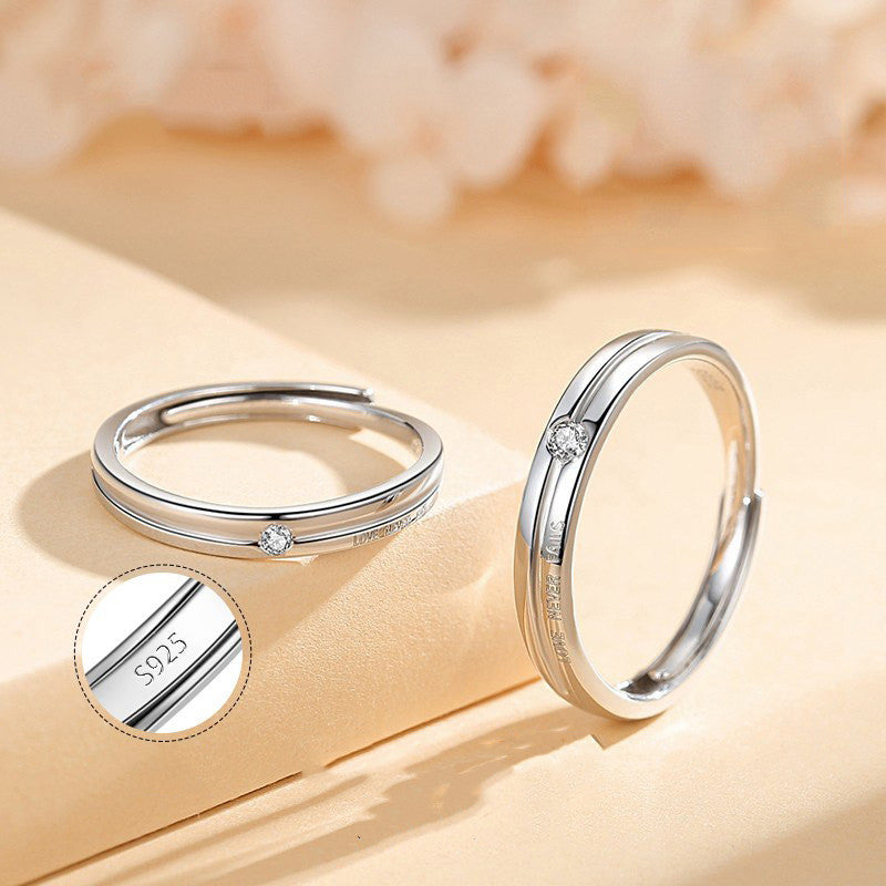Adjustable Sterling Silver Couple Rings with English Letters Love Rings for Lovers Geometry Open Band Gift Pair