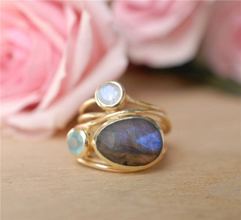 Gold Plated Moonstone Ring For Women With Colorful Shell Inlay And Semi Precious Gems Sizes US 6 7 8 9 10 For Her