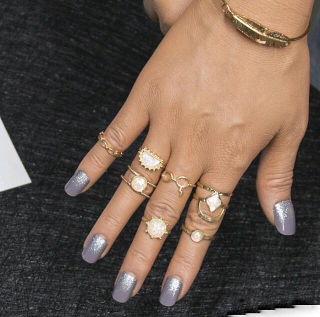 Boho Stackable Ring Set Seven Pcs Alloy Gemstone Rings For Women Bohemian European American Style Jewelry Essentials