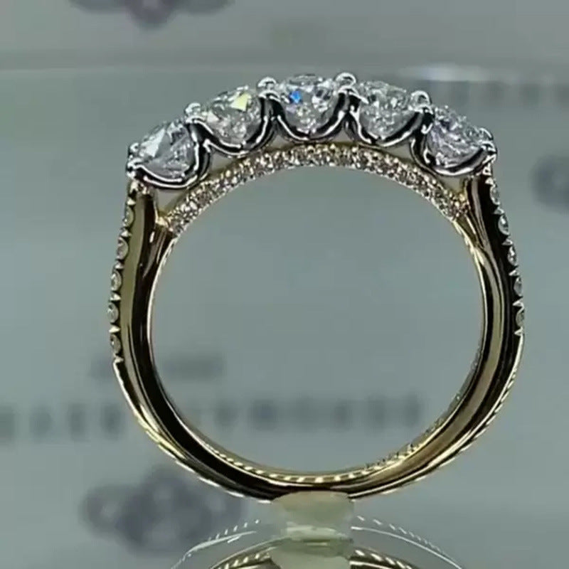 Womens Gold Plated Copper Ring Single Row Diamond Zircon Inlay Elegant Geometric Design Jewelry Diamond Zircon