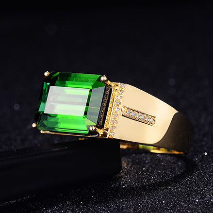 Yellow Gold Inlaid Emerald Baguette Mens Ring Copper Inlay Gold Plated Semi Precious Stones Adjustable Size XL
