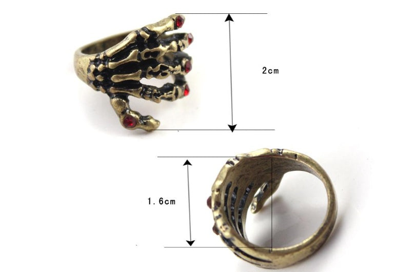 Skeleton Hand Ring With Flash Diamond Alloy Accent Retro Gold Tone Punk Fashion Jewelry Statement Ring For Men