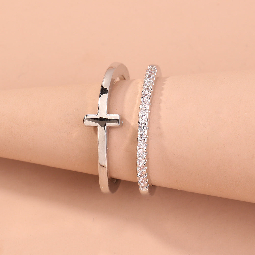 Adjustable Copper Ring With Zircon Cross Double Layer Brass